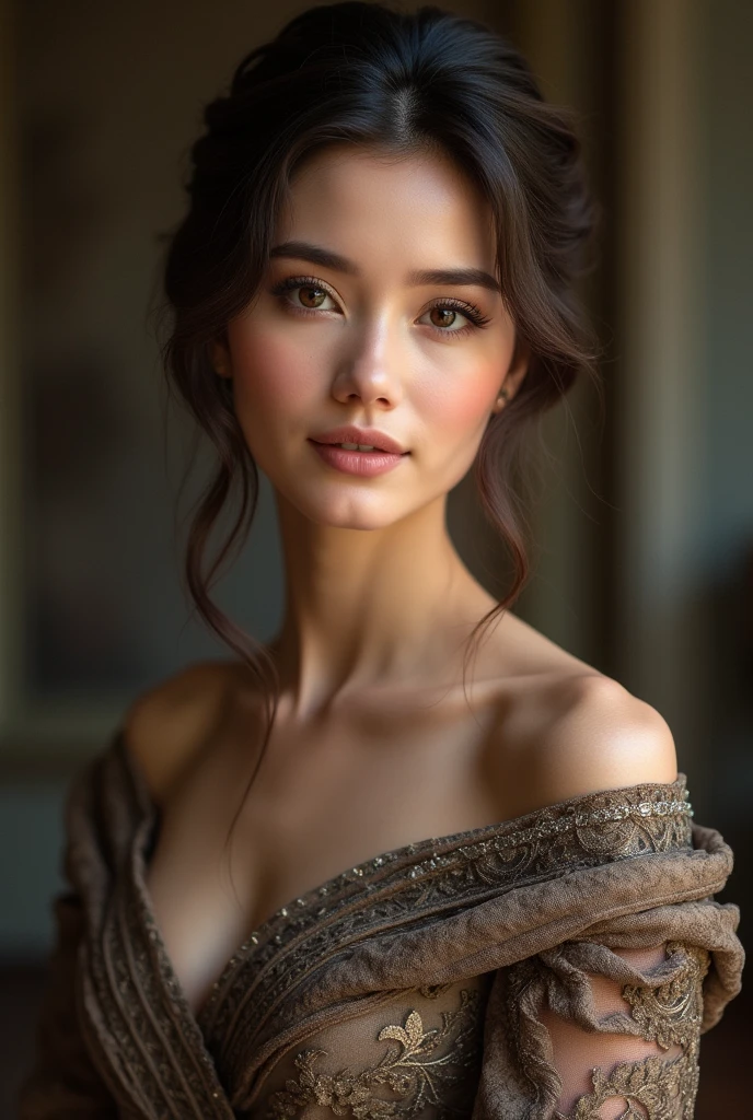 Make a realistic woman wearing formal attire half body front facing