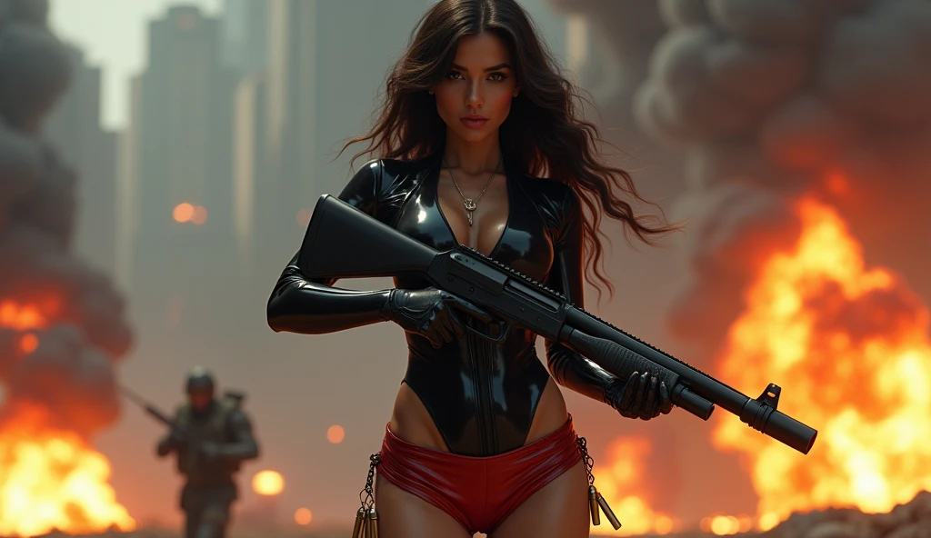 (best quality,highres,masterpiece:1.2),ultra-detailed,realistic,spy sexy beautiful girl, black shinny slip body suit,((shortgun in hand:1.2)),(open v chest clothes:1.2), ((red color shinny thigh-high shorts:1.2)),(big boobs), war background,professional,physically-based rendering,vivid colors,sharp focus,detailed facial features,expressive eyes,elegant pose,dynamism,atmospheric lighting,explosions,smoke,action-packed,high-intensity,adrenaline-fueled,bullet shells,powerful stance,secret agent,stealthy,confident presence,grim determination,dangerous mission,secrets,espionage,nighttime,laser sights,adventure,thrilling suspense,lethal weapons,intense combat scene, sexy, very sexy, nsfw,