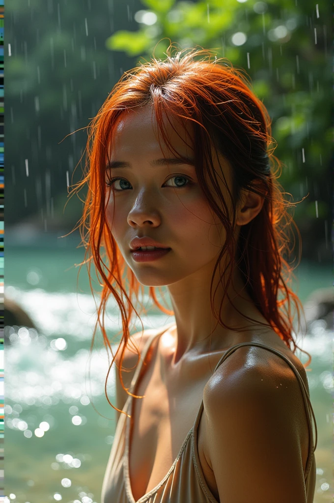 A natural scene amidst flowing water under heavy rain, with trees and slight sunlight filtering through the leaves. In the middle of the river, there's a side profile photograph of a young woman with Thai-Chinese features, blue eyes, and red hair. Her face and hair are drenched from the heavy rain, creating a shimmering effect. The photograph is rich in detail and portrait style, captivating with its intense focus and dramatic setting. She wears a simple beige camisole. Her wet hair and body add to the scene's allure. Taken with a Fujifilm Eterna Vivid 500T camera, the gentle yet continuous movement of water around her is visible. The semi-high angle of the shot clearly shows her wet face and shoulders. The background is filled with nature, trees, and soft sunlight filtering through the leaves, giving the image a natural feel. The light and shadows are well-balanced, adding vibrancy to the overall composition. Natural light focuses on the side of the subject, enhancing the scene.