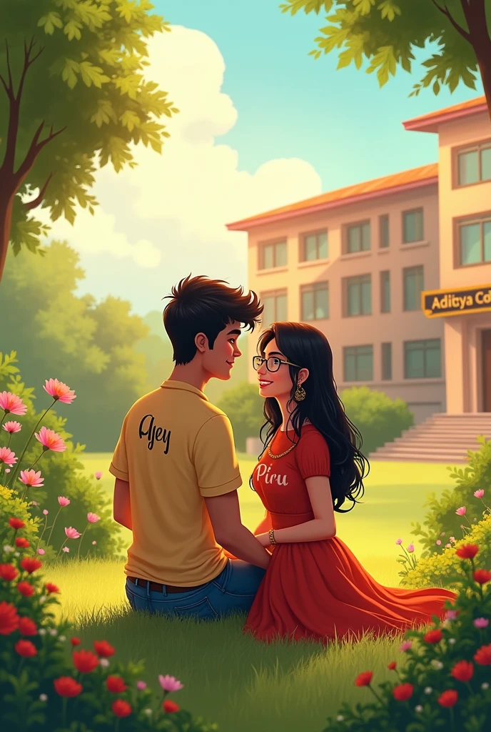 Ek girl or ek boy dono couple hai jo ek romentic jagah par bethe huye hai boy ki shirt par ajey or girl ki shirt par piru likha hua hai or girl ne chasma laga rakhi hai, ajey ,piru ko parpose kar raha hai , vo dono garden me bethe huye hai or pichhe ek college hai jis par aditya college ka banner laga hua hai hai aisi Indian girl and boy animation me image banao