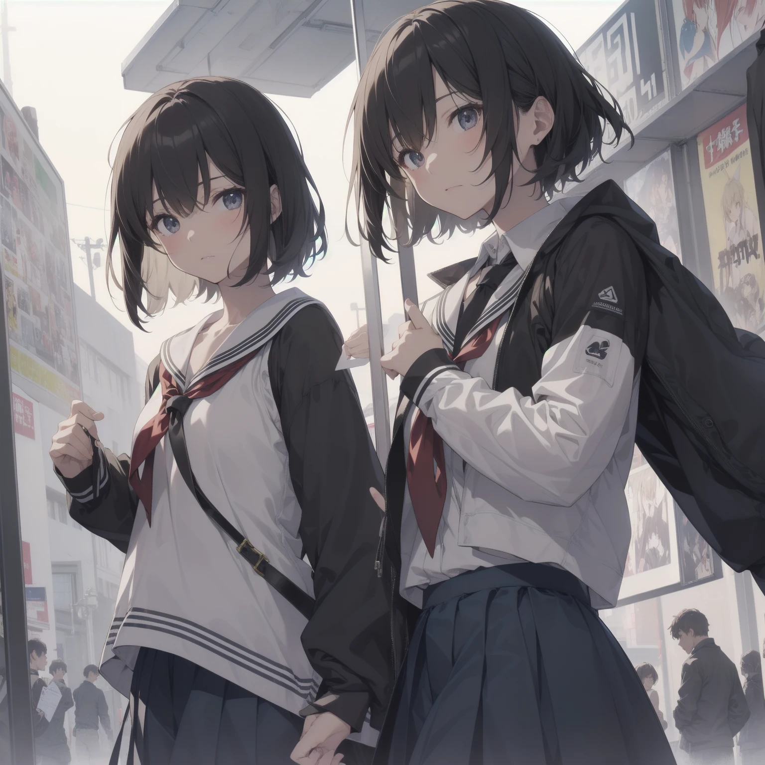 ultra-absurdres-Top quality by artist God, ultra-detailed, high resolution, anime moe artstyle, best anime 8k konachan wallpaper, pixiv contest winner, pool:2810, perfect anatomy,break, 1girl, (Please draw a girl walking sleepily to school alone. )break,(Solo,little female,15yo:1.3),Full limbs, ,a junior high school student, (very short hair), short cut, flat chest, , small butt, small black eyes, beautiful detailed eyes, well-proportioned iris and pupils, expressive eyes, highres detailed hair, soft expression, salor school_uniform, sailor collar, serahuku, bow, pleated skirt,(Detailed Lighting), (Detailed background), in the School commute route. break,super detailed skin, Best cinematic lighting powered by famous artist, 8k,beauty illustration,photoshop_(medium),very aesthetic,break,((artist:takeuchi_takashi )), artist:clamp ,artist:carnelian ,artist:kantoku ,
