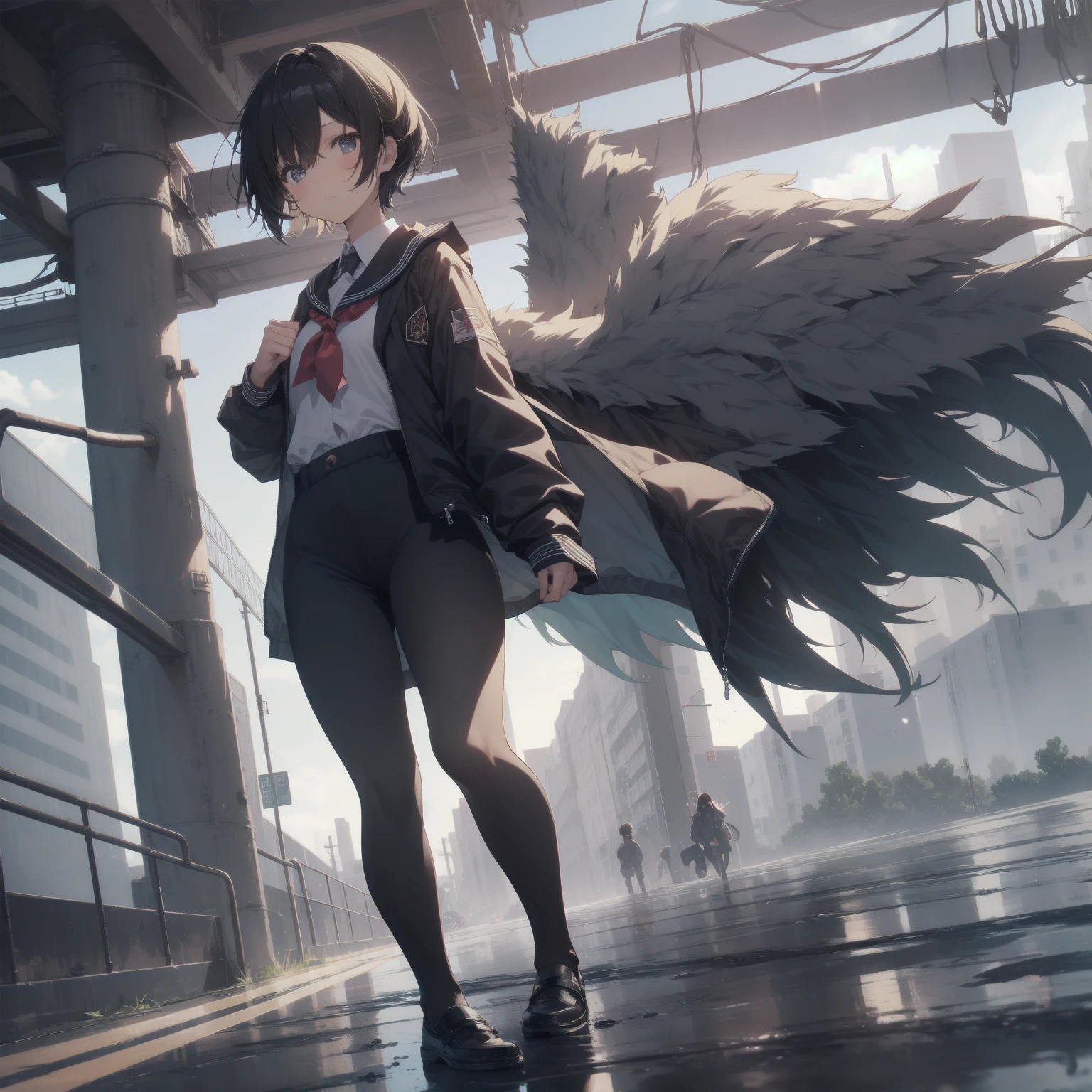 ultra-absurdres-Top quality by artist God, ultra-detailed, high resolution, anime moe artstyle, best anime 8k konachan wallpaper, pixiv contest winner, pool:2810, perfect anatomy,break, 1girl, (Please draw a girl walking sleepily to school alone. )break,(Solo,little female,15yo:1.3),Full limbs, ,a junior high school student, (very short hair), short cut, flat chest, , small butt, small black eyes, beautiful detailed eyes, well-proportioned iris and pupils, expressive eyes, highres detailed hair, soft expression, salor school_uniform, sailor collar, serahuku, bow, pleated skirt,(Detailed Lighting), (Detailed background), in the School commute route. break,super detailed skin, Best cinematic lighting powered by famous artist, 8k,beauty illustration,photoshop_(medium),very aesthetic,break,((artist:takeuchi_takashi )), artist:clamp ,artist:carnelian ,artist:kantoku ,