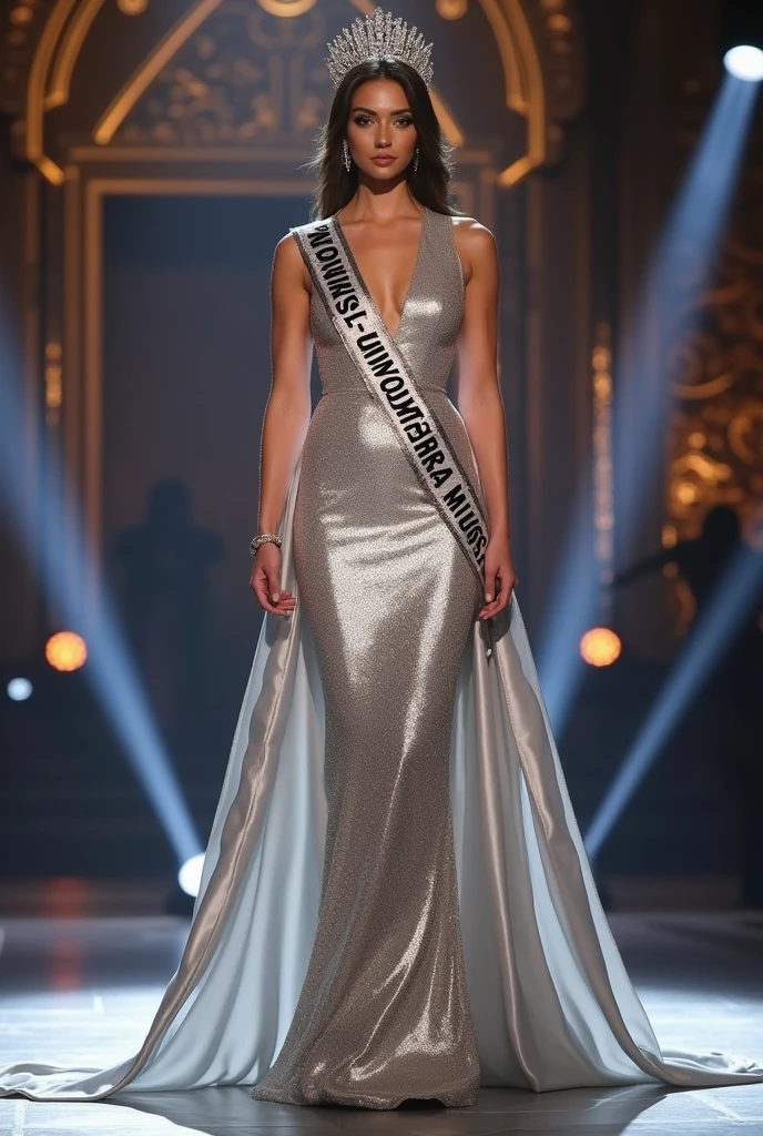 Miss universe, silver evening gown with silk shawl at left and right, at miss universe stage, wear crown and sash Miss Universe, elegant, beautiful, slim, don't smile, y vibes. Sharp eyes, cool, bold make up. Cignature sexose.