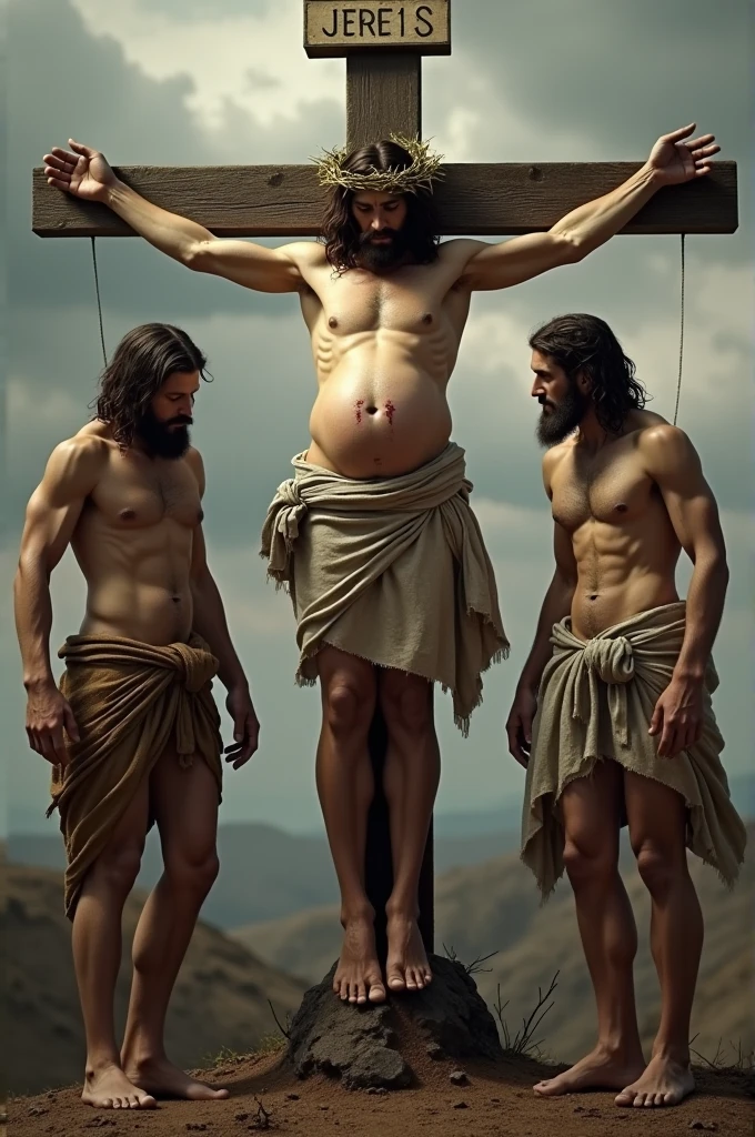 Realistic image of Jesus pregnant on the cross, and with the two thieves on the side of the cross also crucified
