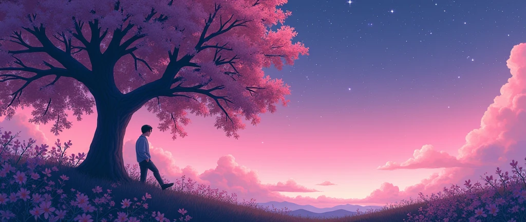 
[Core philosophy]A dreamlike picture、Energetic、Meticulous illustrations，Inspired by Hayao Miyazaki&#39;s style，Depicts a peaceful night scene。[Character Description]In the foreground，A man leaning against a peach tree，His presence adds a sense of tranquility and contemplation to the scene.。[environment/background]background is a stunning blend of soft pink and purple hues.，Creates a surreal and captivating atmosphere，surrounded by twinkling stars。[Style and atmosphere]This illustration is executed with a high degree of artistic complexity，Evokes the whimsical and imaginative qualities of Hayao Miyazaki&#39;s signature anime style，It injected a dreamy and charming atmosphere into the scene。[The composition]Composition using vanishing point technique，Draw the viewer&#39;s gaze into the depth of the scene，and create a sense of depth and perspective。[Details and decoration]Delicate floral elements in the foreground add a touch of natural beauty，vivid、Highly saturated colors and attention to detail throughout the illustrations help to enhance their visual impact and immersive quality.。。【Technical specifications】Images are presented in 8K resolution，In the RGB color space, vivid、High contrast palette，The result is a breathtaking, high-fidelity visual experience