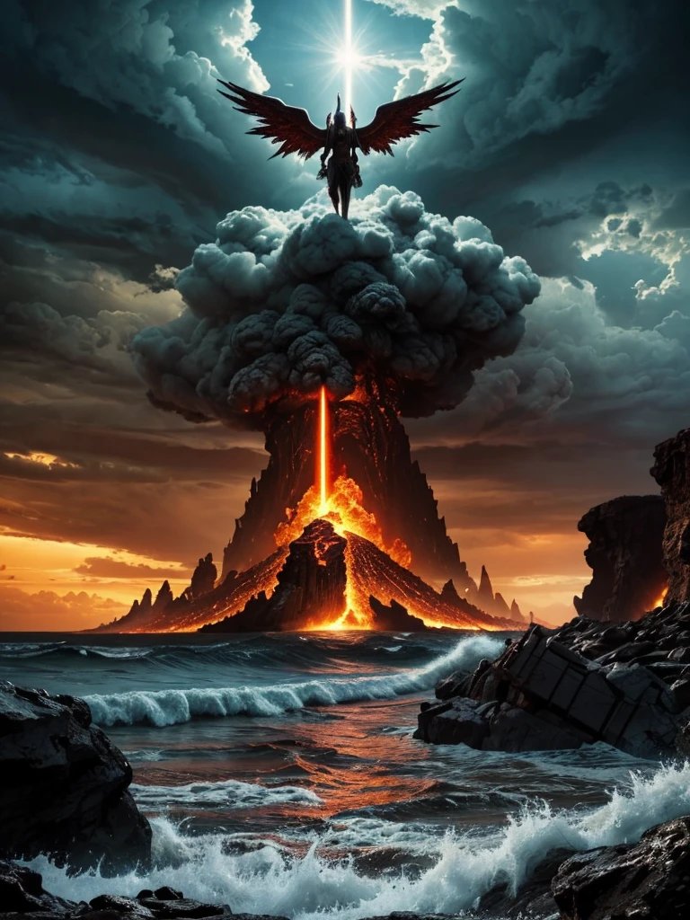 A highly detailed, cinematic depiction of the Biblical Apocalypse. The scene is set in a vast, darkened landscape with a fiery, storm-filled sky. The ground is cracked and barren, with deep chasms glowing with molten lava. Massive angelic figures, towering and ethereal, descend from the heavens, their wings shimmering with divine light. Their faces are stern, and their swords blaze with holy fire. In the background, the Four Horsemen of the Apocalypse—War, Famine, Pestilence, and Death—ride across the horizon, their horses leaving trails of destruction. The seas are turbulent, with monstrous waves crashing against the shore, and the sun is partially obscured by thick, ominous clouds, casting an eerie red glow over the scene. In the foreground, human figures, small and overwhelmed, look up in awe and terror at the unfolding chaos, as the world as they know it crumbles around them. The overall tone is dark, intense, and awe-inspiring, capturing the full magnitude of the Biblical End Times.