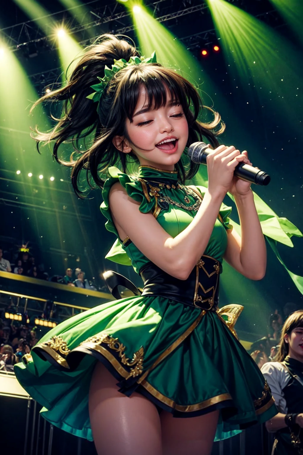 1girl,solo,cute,smile,close eyes,open mouth,black hair,green eyes,idol,singing,on the stage,spotlight