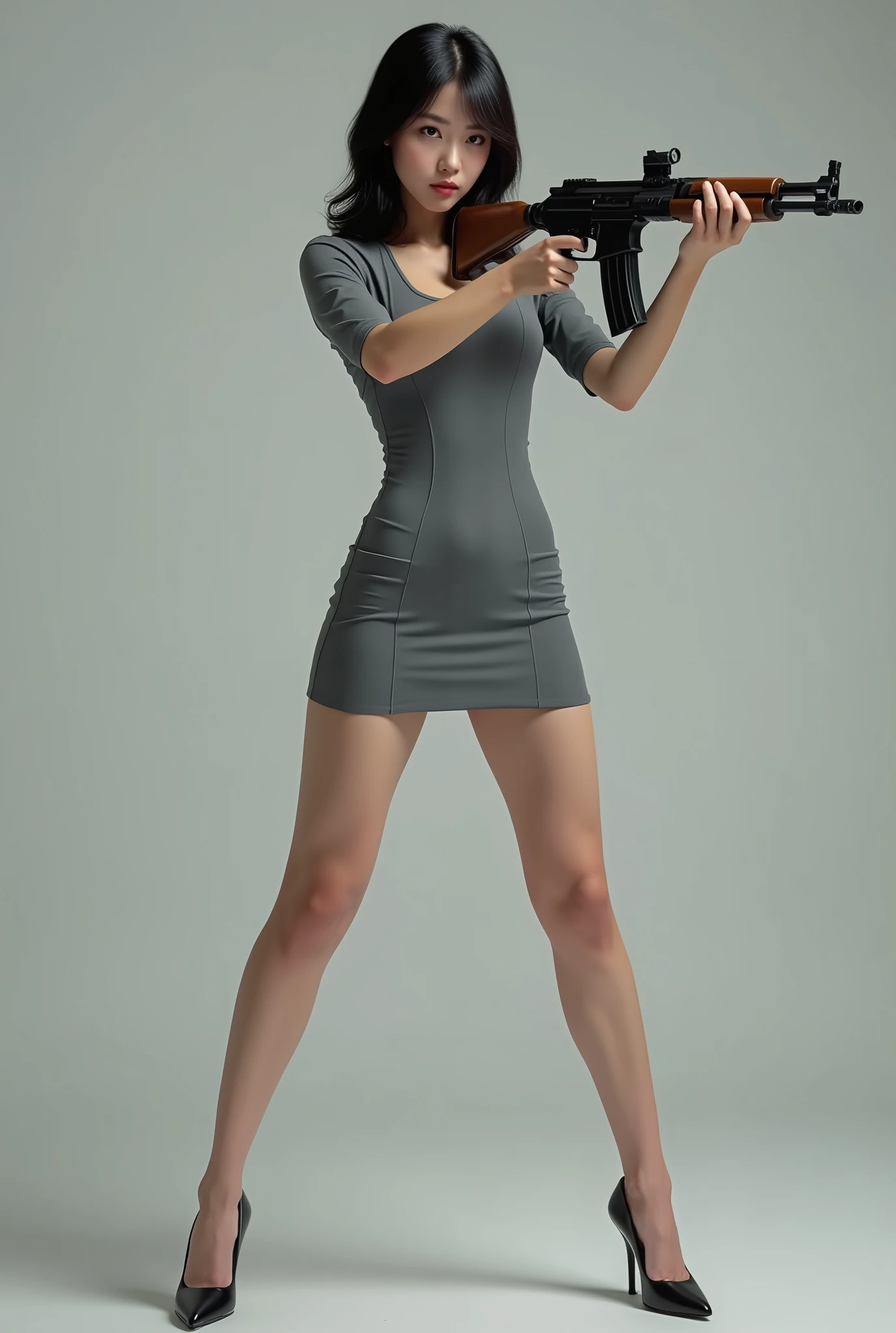 real person realistic beautiful korean flight stewardess grey super tight dress mini skirt standing stance legs open wide spreading full portrait holding rifle gun pointing at you front facing aiming at you shooting range sexy legs