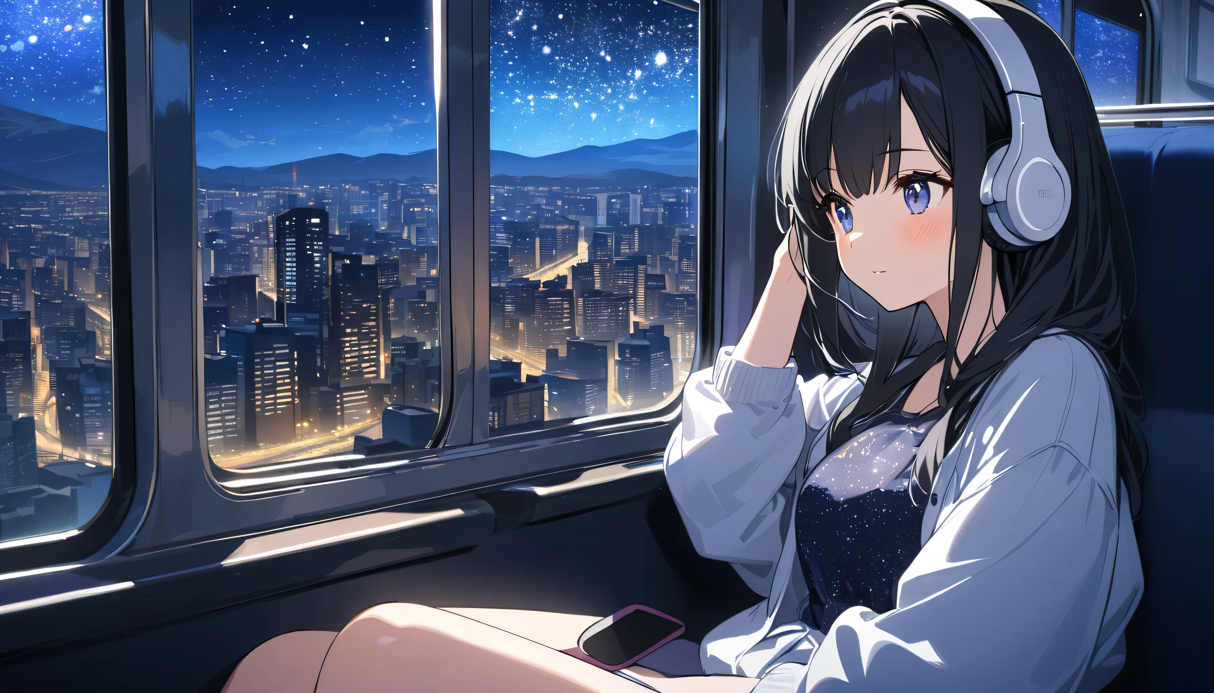 A young beautiful woman with long black hair wearing a cute outfit, sitting on a train, headphones on, listening to music, cityscape outside the window, starry night sky, Japanese setting