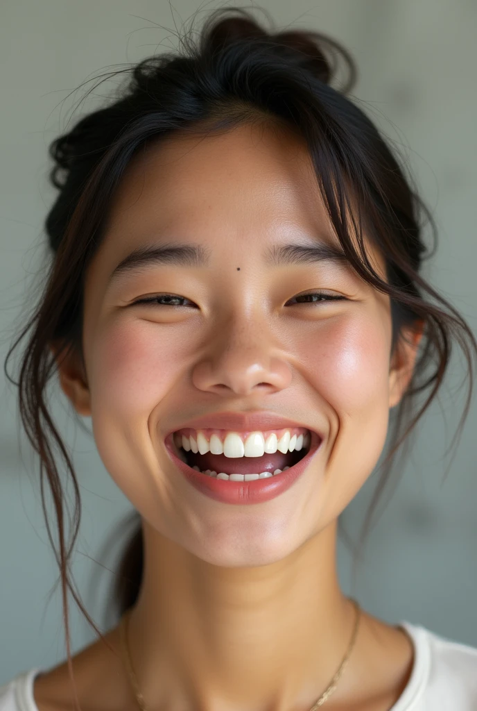 Asian woman with tiger teeth laughing friendly