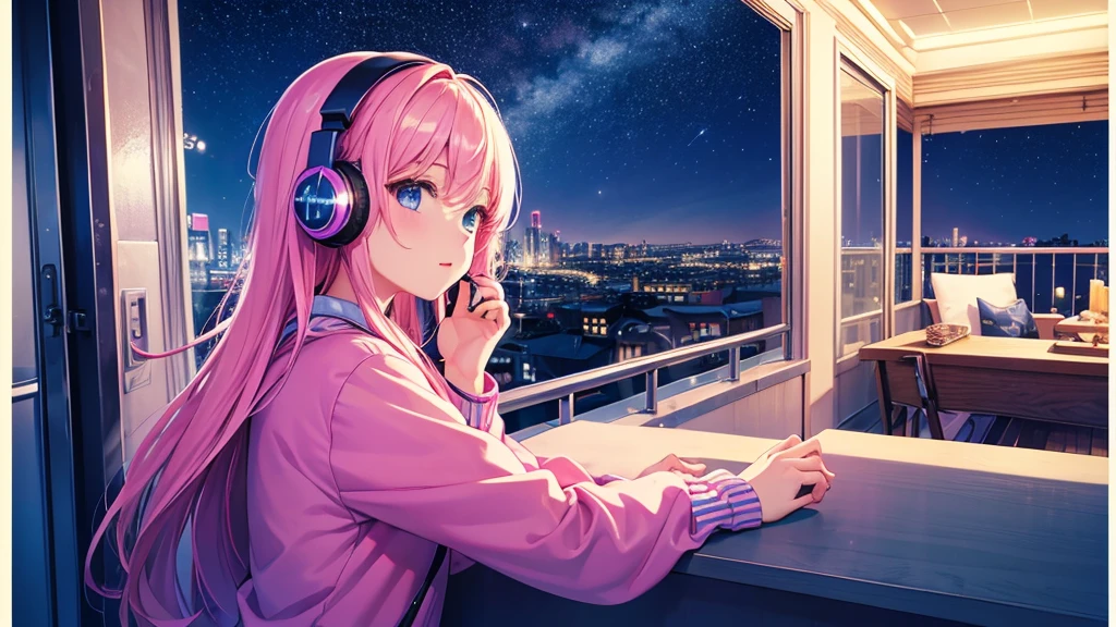 Pop art style、８Ｋ(Highest quality）（masterpiece）、Wide angle、Balcony、Night view、Starry Sky、Girl wearing headphones and listening to music、Colorful