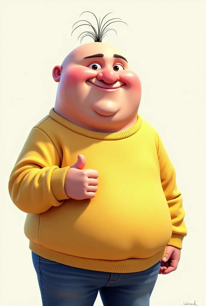Imagine a cartoon of a man who looks like "gru" from "despicable me" but with a little hair on the sides of his head., he is smiling and giving a thumbs up, chubby and tall