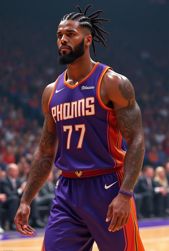 Basketball player, phoenix suns, wears a sleeve on the right arm, Cornrows hair, male, shipowner, Allen Iverson , on the court, Number 77, little beard gradient, Uniform do Phoenix Suns