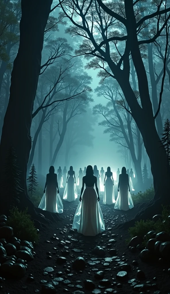 a dark and mystical indigenous scene, translucent native spirits, black trees, dramatic lighting, detailed texture, high quality, cinematic, photorealistic