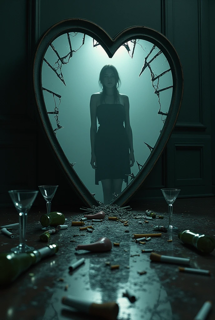 Broken human heart shaped mirror inside a dark party hall and in the mirror reflecting the figure of a lonely person in the hall broken wine glasses and bottles and scattered cigarettes