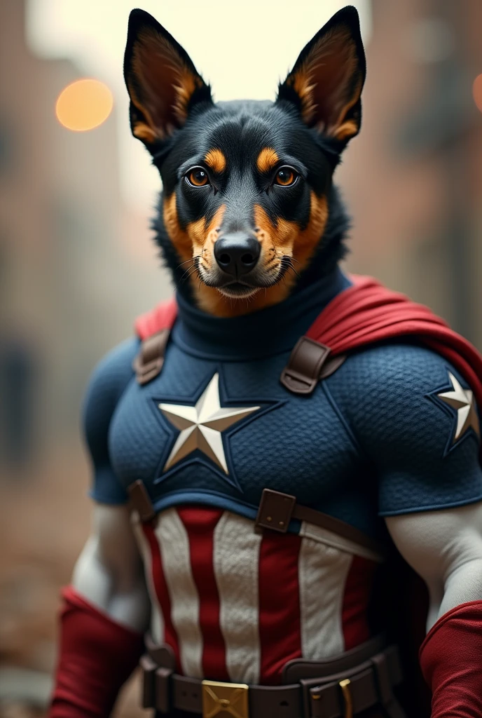 Thân chó kiểu captain america, 24mm, (analogue, cinematic, Film grain:1.3), DOF bokeh effect, (masterpiece:1.3) (Best quality:1.2) (High Quality:1.1)