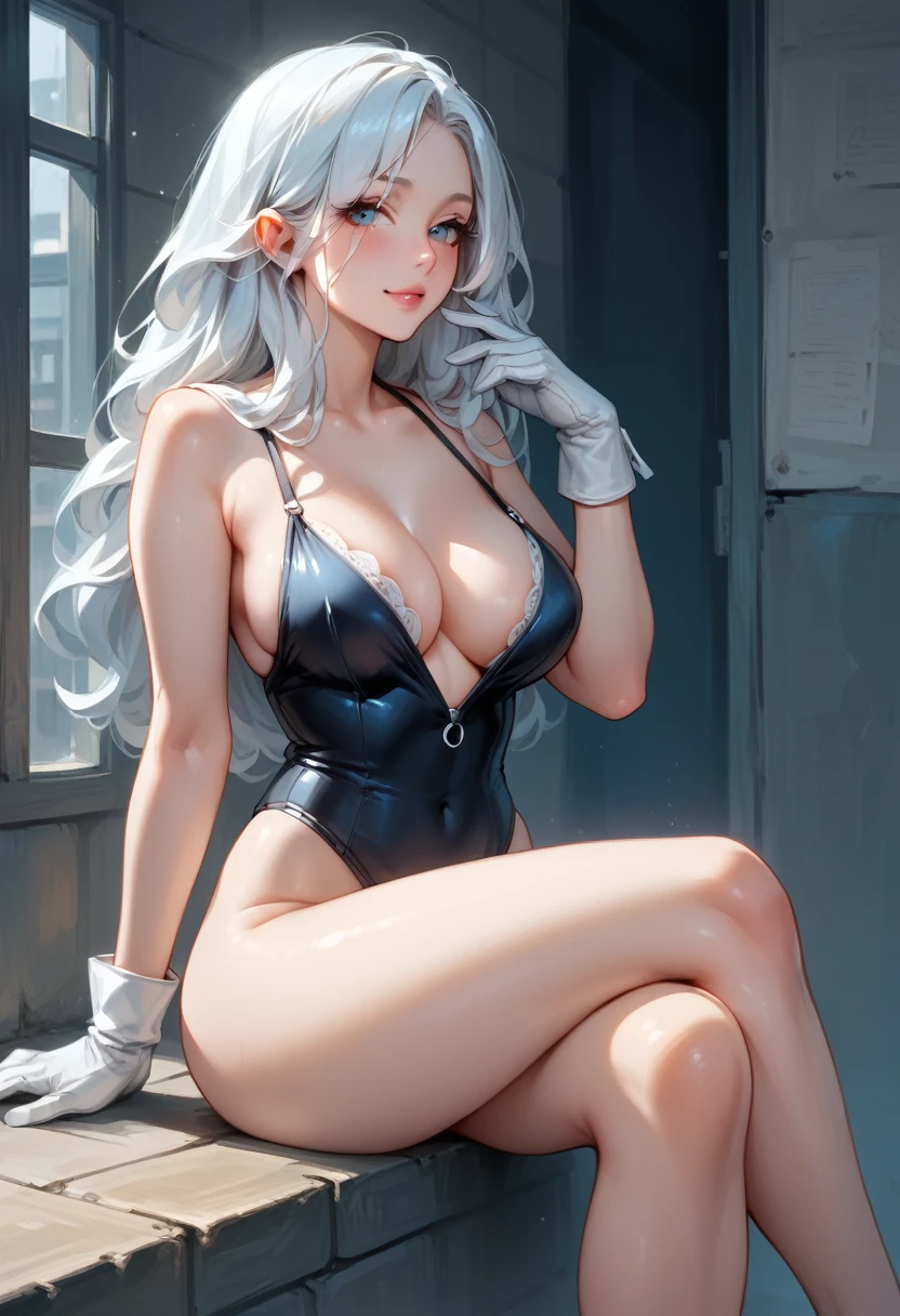 (high quality, 4K, high contrast, artwork:1.2), best aesthetics, BREAK ((1 woman)), (a white hair woman in a black bodysuit and small mask:1.3), long wavy white hair, blue eyes, BREAK sensual, mature body, super detailed, highly detailed face, highly detailed eyes, highly detailed mouth, BREAK sexy body, perfect breasts, medium breasts, perfect wide thighs, cleavage, BREAK (white gloves, white fur details around the neckline and gloves:1.1), sensual facial expression, BREAK New York City rooftop, sitting, legs crossed, dimly lit, midnight.