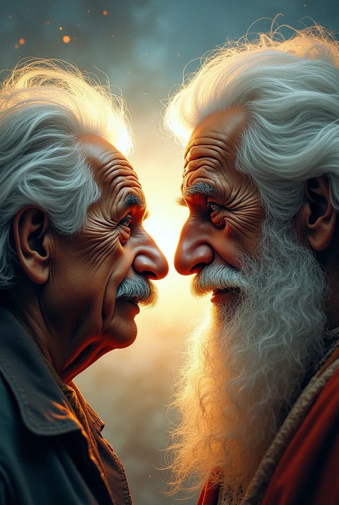 Draw me a poster of the conflict between Faith and Reason side by side with Albert Einstein on the left and God on the right.