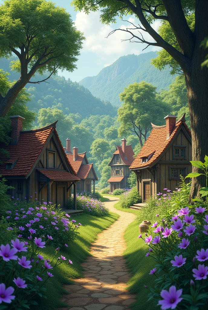 village surrounded by a forest with realistic purple flowers 

