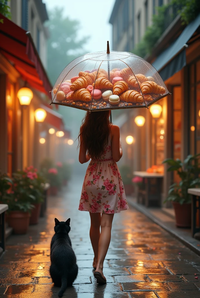 "4K ultrarealistic image of a woman walking down a charming, narrow street in a French village, holding a transparent umbrella crafted from croissants, pain au chocolat, chouquettes, sweet macarons, and other delicate French pastries. The umbrella showcases a beautiful arrangement of these pastries, with the flaky layers of croissants, the golden crust of pain au chocolat, and the vibrant colors of macarons shining through. The street is lined with quaint shops, warm light spilling from the windows, and cobblestones glistening under the soft, gentle rain. The woman is wearing a floral dress that complements the pastel colors of the macarons, and a black cat is seen walking beside her, adding a touch of whimsy. The scene is bathed in soft, diffused lighting from the overcast sky, creating a cozy and nostalgic atmosphere. Rendered in 4K with extreme attention to texture, lighting, and photorealism, highlighting the intricate details of both the pastries and the French street setting."
