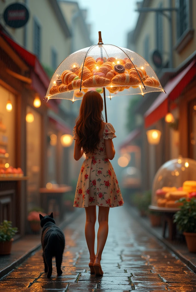 "4K ultrarealistic image of a woman walking down a charming, narrow street in a French village, holding a transparent umbrella crafted from croissants, pain au chocolat, chouquettes, sweet macarons, and other delicate French pastries. The umbrella showcases a beautiful arrangement of these pastries, with the flaky layers of croissants, the golden crust of pain au chocolat, and the vibrant colors of macarons shining through. The street is lined with quaint shops, warm light spilling from the windows, and cobblestones glistening under the soft, gentle rain. The woman is wearing a floral dress that complements the pastel colors of the macarons, and a black cat is seen walking beside her, adding a touch of whimsy. The scene is bathed in soft, diffused lighting from the overcast sky, creating a cozy and nostalgic atmosphere. Rendered in 4K with extreme attention to texture, lighting, and photorealism, highlighting the intricate details of both the pastries and the French street setting."