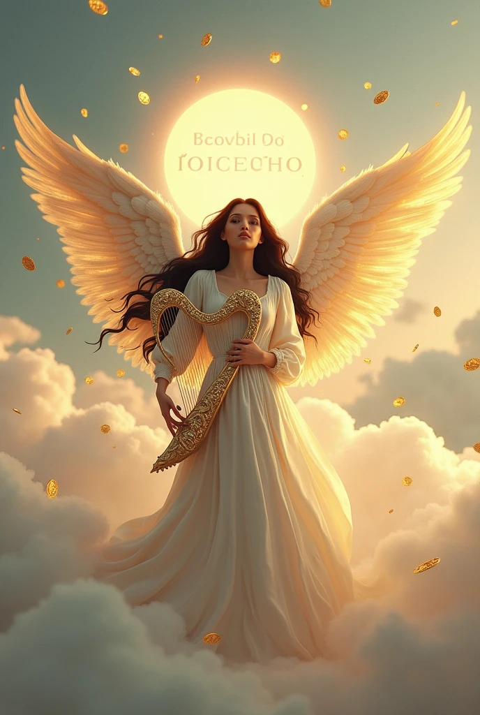 create a 3D image of a woman in a white dress ,blackquality hair , holding a golden harp and a little curly and with double golden angel wings and above a luminous sign written in Brazilian Portuguese [OFFICIAL ANGEL] and in the background several clouds and falling golden coins.