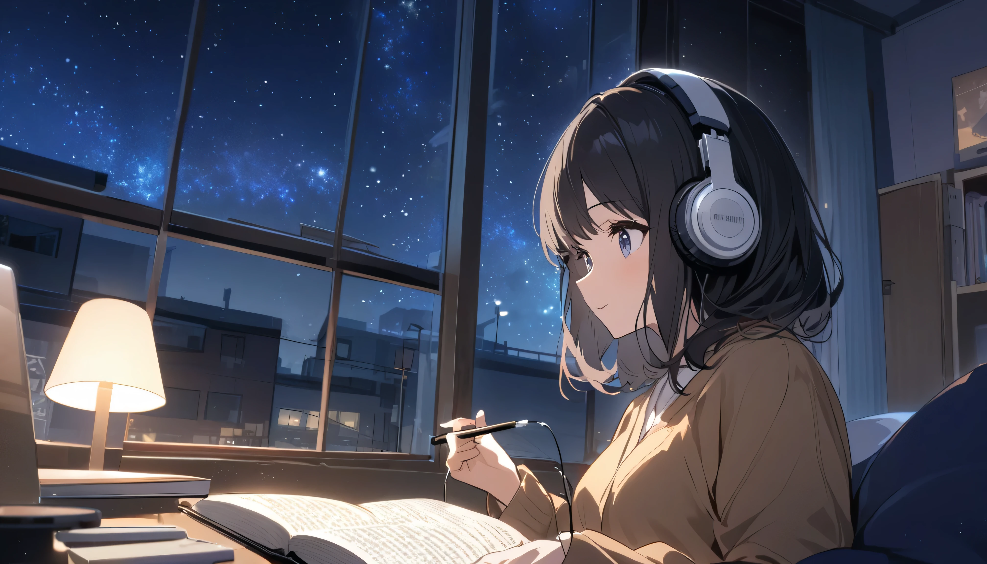 A black-haired woman wearing headphones reading a book in her room,Night starry sky,Streetscape、listen to music、Japanese