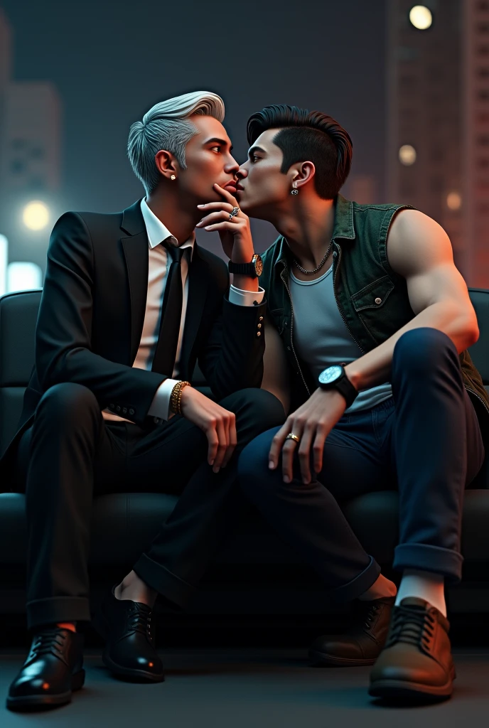 A man 183 cm tall, he is 2, with grayish white hair, red eyes, slightly thin pink lips, a clear face shape and a high nose, white skin and wearing a black suit with a white shirt inside and a black tie with black leather shoes. He wears a gold watch on his right wrist and has a cross-shaped earring on his left. His eyes are three-eyed whites. He is sitting in the car behind him, resting his chin on his hand, looking at the view outside at night with dim lights. He is a gentlemanly foreigner. And there is another man who is 180 cm tall, he is 1, has brown hair, yellow-brown eyes, slightly thin pink lips, a clear face shape, a good-looking foreigner, a high nose, a slanted scar at the corner of his mouth, wearing a white tank top inside and a dark green casual baseball jacket over it, wearing long black jeans, wearing brown Nike sneakers, has white skin, has a full finger ring on his right wrist and a black watch on his left wrist, a chain necklace around his neck and small silver circle earrings, and he is kiss with a man wearing a suit in the car behind. And make it 3d image.