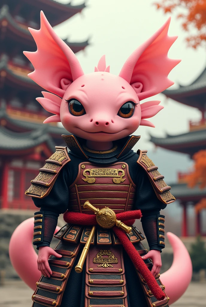 Anthropomorphic pink ajolote with samurai armor with a pagoda at the bottom