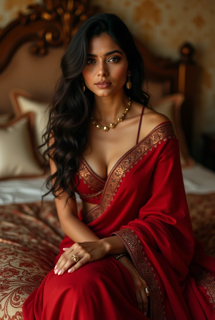 Indian woman  housewife looking hot siting on a bed