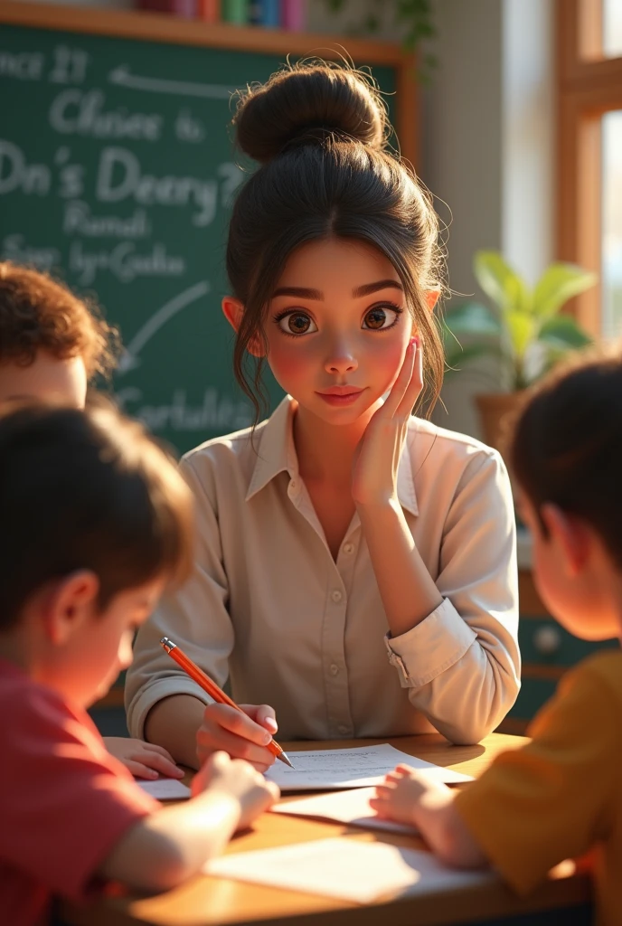 A teacher, with an attentive and involved expression, observing a group of children who are engaged in learning activities. The teacher may be writing down observations or reflecting on what he or she is seeing.
