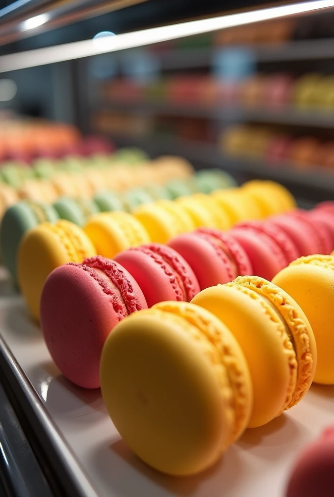 Assorted flavors of French macarons lined inside the Acrylic Display Cabinet that has led lights and ribbons