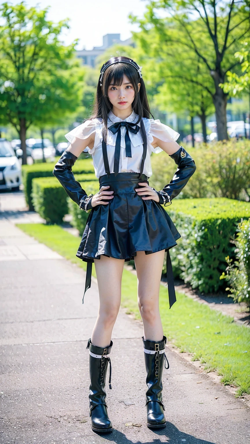 (8k、RAW Photos、Highest quality、masterpiece:1.2)、(Realistic、Realistic)、1 girl、((black and white、mini skirt、Goth、See-through、大きなribbon、Frills、boots、ribbon、garden、Thin legs、whole body、View from the front、Looking into the camera、Stand with hands on hips))、cute