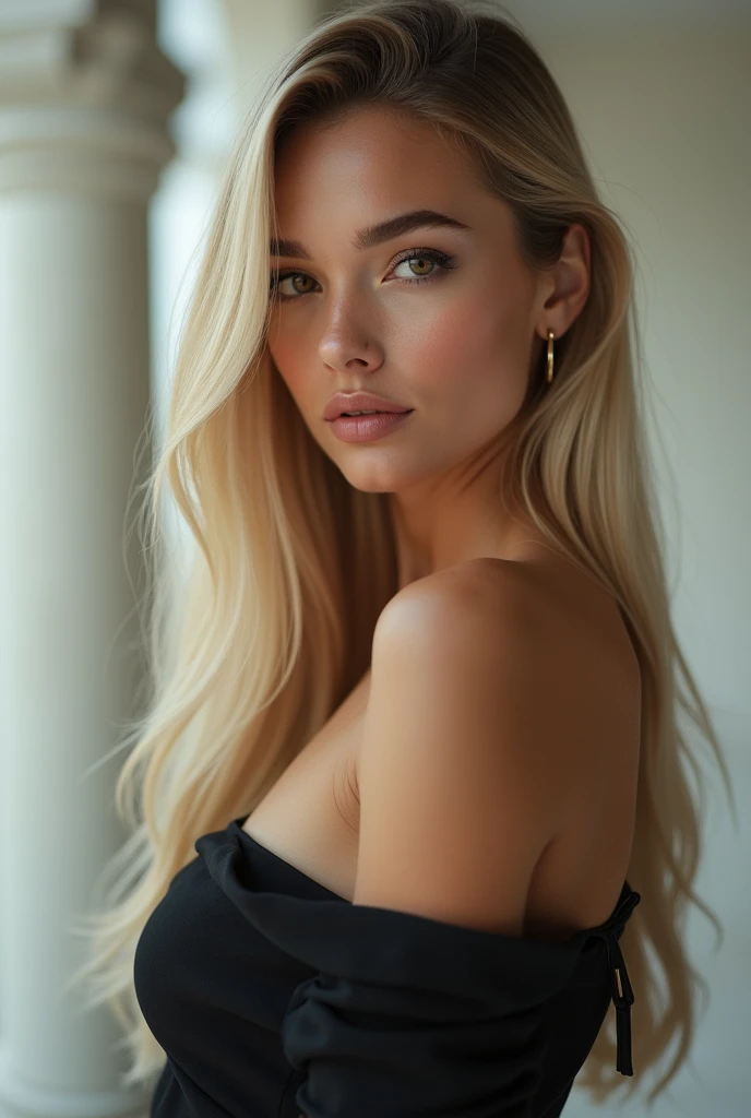 a very realistic and detailed photo of beautiful french young girl, tight black skirt perfect makeup, long sleek straight blonde hair, high quality, photorealistic, 8k, luxury, elegant, sophisticated, confident, studio lighting, cinematic, glowing skin, piercing eyes, full lips, sharp focus