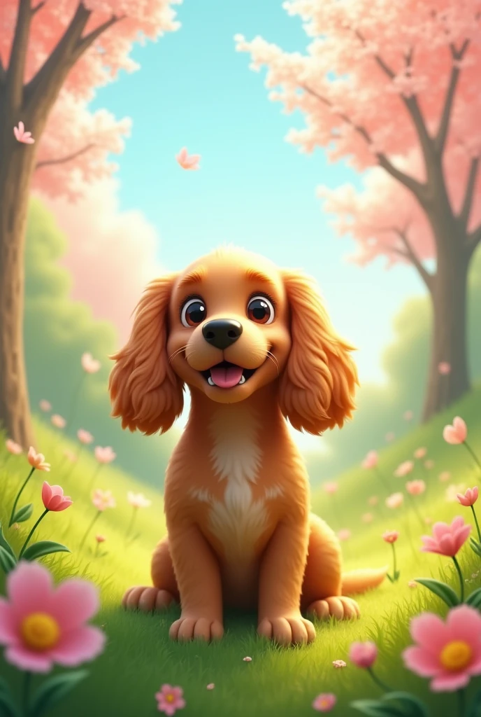 Spring background with a female cocker spaniel dog on one side