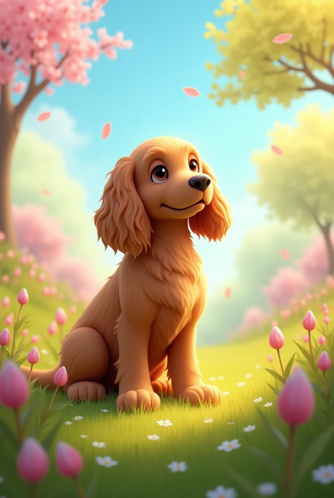 Spring background with a female cocker spaniel dog on one side