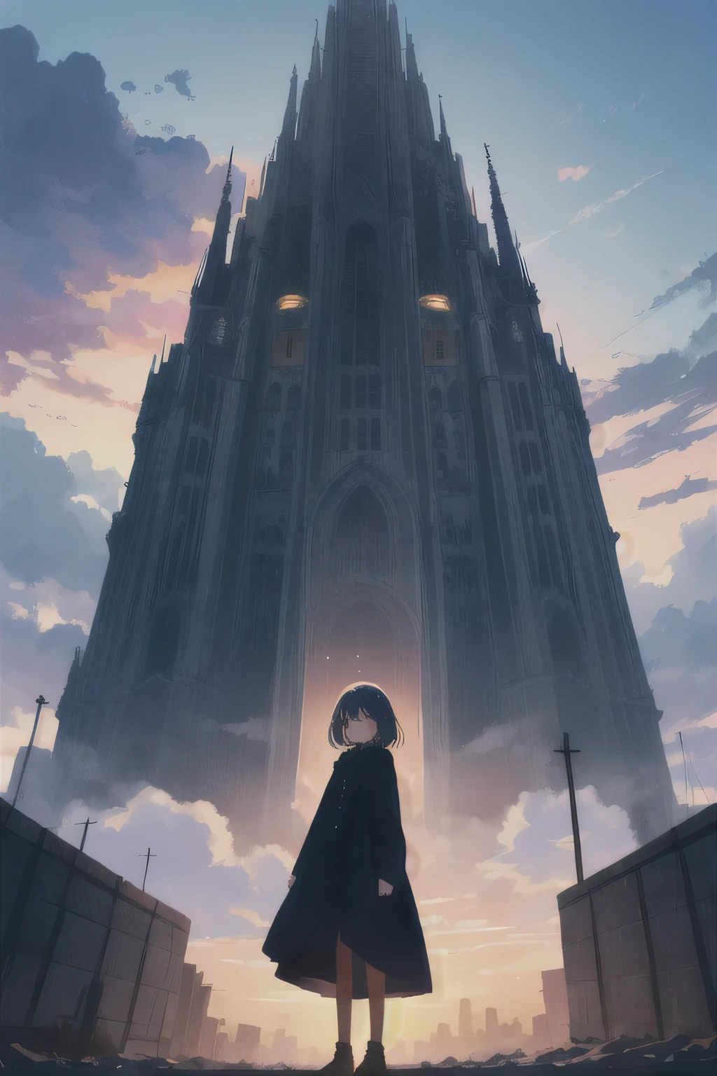 Girl looking up scene 1: The shadow of the Tower at dusk A girl stands quietly with the sky as her backdrop, Stained a bluish color. Standing before her was、It was a huge structure called the Tower of Babel... shape, Like piercing the clouds, It&#39;s like it&#39;Reaching the sky. girl&#39;s gaze is directed towards the top of the Tower.. Tower, Enveloped in the darkness of the night, Create a great atmosphere. The surface of the Tower has a complex pattern..Engraved. It looks like an ancient script. girl seems to have sensed something deep within the Tower.. Is it a memory of a masterpiece?、Or is it a longing for an unknown fantasy world??? Scene 2: Memories of the starry sky: Countless stars twinkle in the night sky、girl stands at the top of the Tower. At her feet, The city lights shine like jewels. girl closes her eyes and takes a deep breath. The scent of the night breeze mixes with the old smell of the Tower.. girl&#39;A famous story played out in my head.. It was a story of adventure and friendship that the girl read.。 . The main characters of the story, like, Climbed the Tower of Babel. There, She met her friends、Mr..々Overcoming difficulties. one day、The girl、, main character, I&#39;Go on an adventure. Scene 3: The promise of the morning glow girl is when the morning sun shines on the Tower、Left the Tower. Remember, The Tower shines in the morning sun、god々It even seemed. girl decides to climb this Tower again someday.. And she, She vows to tell the rest of the story. Step by Step, girl began to walk towards the future..