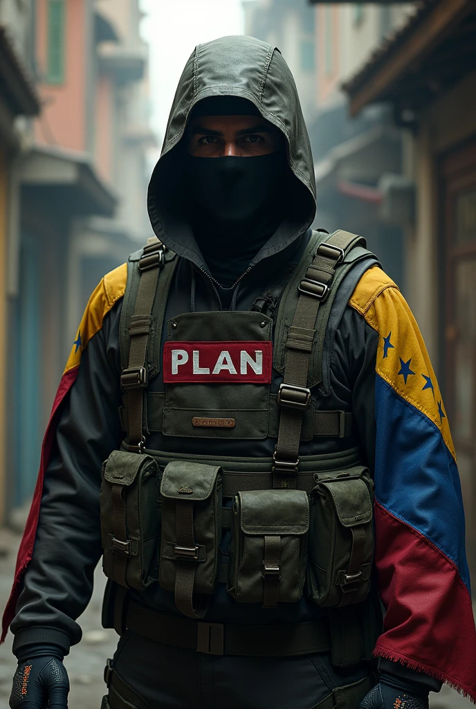 Create a Venezuelan Commando-type Commander with his face covered from PLAN Z and named Pablo, add the flags of Venezuela on the arms, the name of Plan Z on the chest, the same as the name Pablo