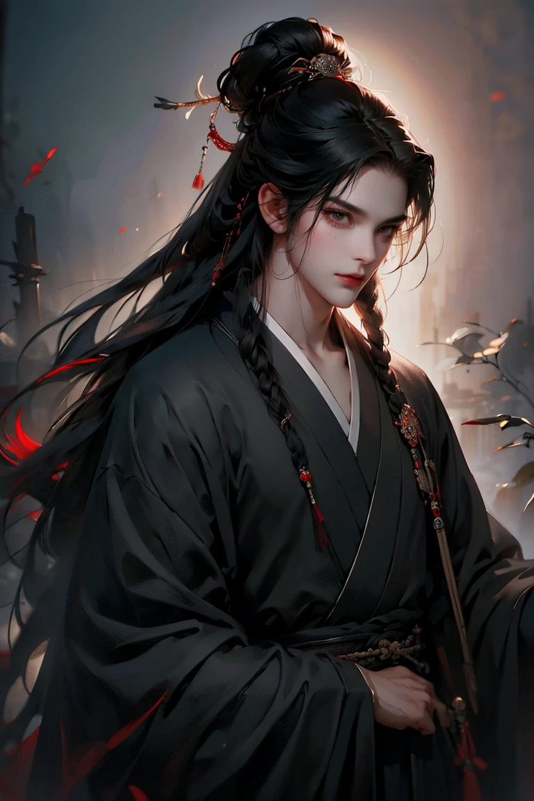 a man with long braided black hair, black eyes, thoughtful pose, traditional Chinese clothing, (best quality,4k,8k,highres,masterpiece:1.2),ultra-detailed,(realistic,photorealistic,photo-realistic:1.37),intricate details, dramatic lighting, cinematic composition, rich color palette, moody atmosphere