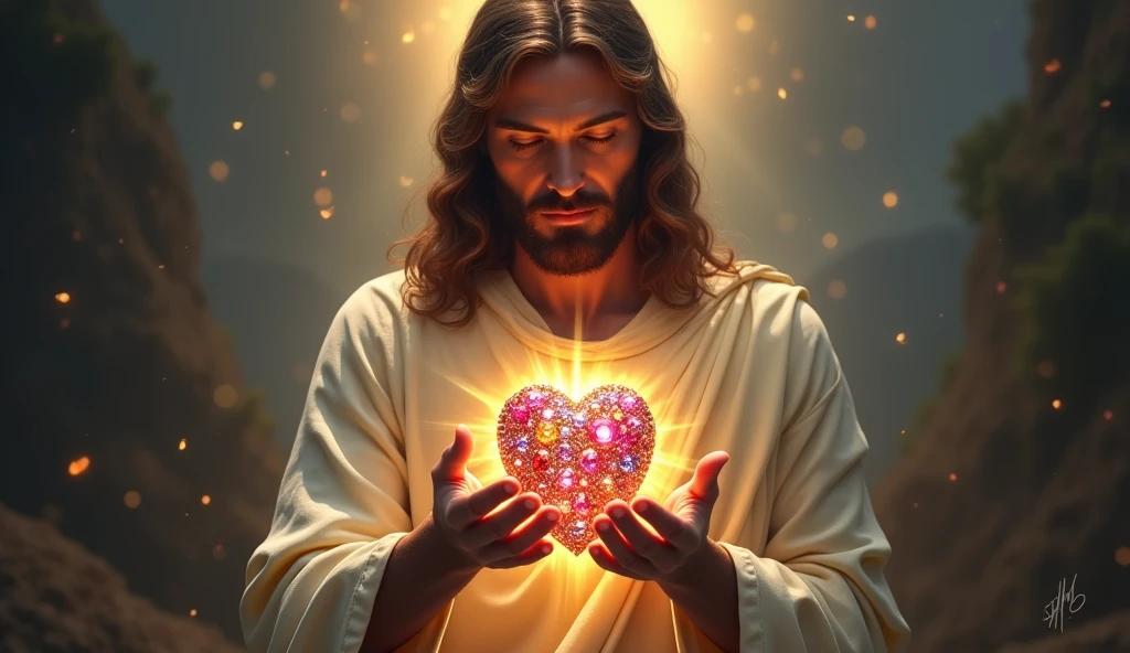 Christ pointing to a human heart, revealing hidden talents and abilities as shining jewels.