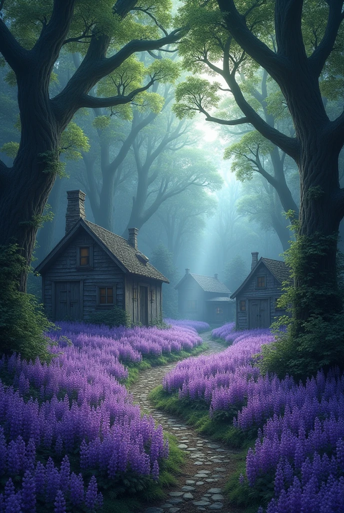 village surrounded by a forest with purple flowers realistic and gloomy 
