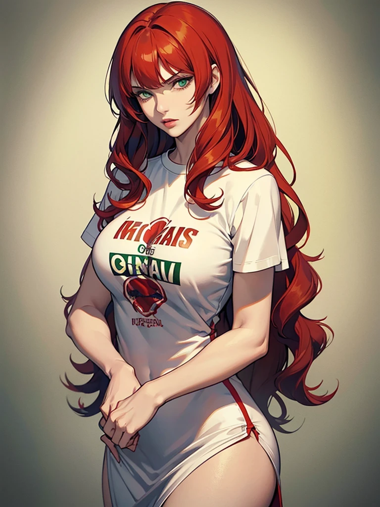 green eyes, red hair with long bangs. sadistic women, wavy long hair. strong woman. she quiet. dominant woman. mafia. mature woman. girl boss. with bangs so long wavy red hair. boxing. wear pans and t shirt. background in town