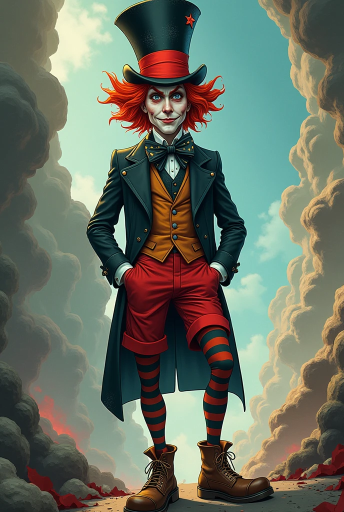 A Mad Hatter, with black blazer and red shorts Colored tights and hat and brown shoes