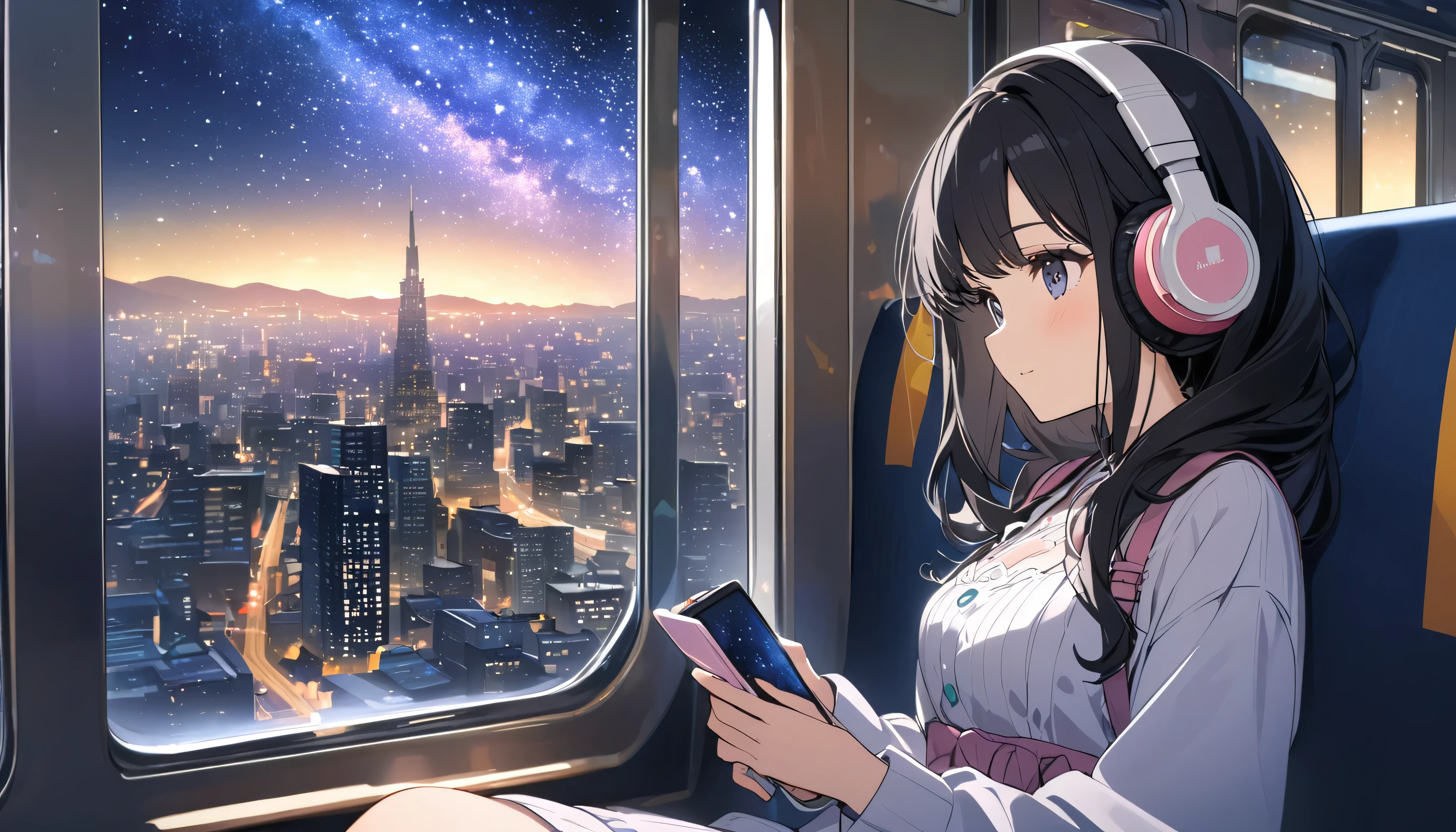 A young beautiful woman with long black hair wearing a cute outfit, sitting on a train, headphones on, listening to music, cityscape outside the window, starry night sky, Japanese setting