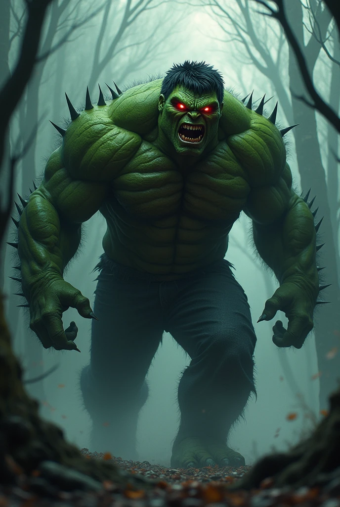 תמונת אימה
Create a terrifying version of The Hulk: His usually vibrant green fur is now dark and matted, with eerie red eyes glowing ominously. His teeth are sharp and jagged, giving him a menacing grin. His once-friendly face is twisted into a sinister expression, and his spikes are longer and more dangerous-looking. The background is a dark, foggy forest, adding to the haunting atmosphere as he stands poised to sprint, radiating an aura of pure fear.