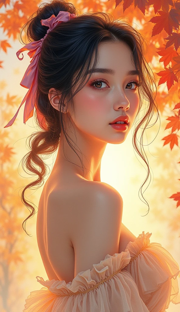 (8k, best quality, masterpiece:1.2),(best quality:1.0), (ultra highres:1.0), watercolor, a beautiful woman, shoulder, hair ribbons, by agnes cecile, half body portrait, extremely luminous bright design, pastel colors, (ink:1.3), autumn lights,