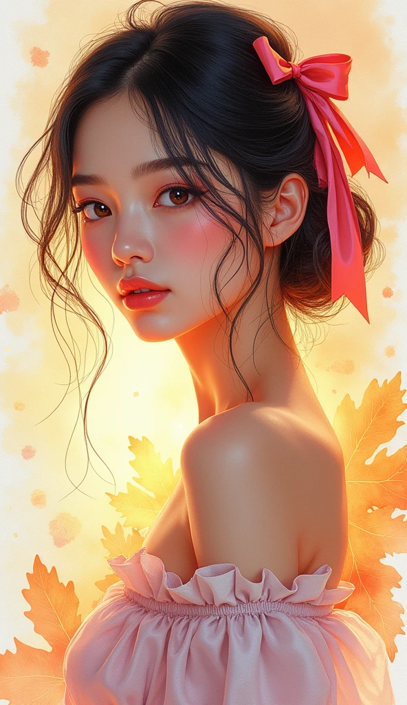 (8k, best quality, masterpiece:1.2),(best quality:1.0), (ultra highres:1.0), watercolor, a beautiful woman, shoulder, hair ribbons, by agnes cecile, half body portrait, extremely luminous bright design, pastel colors, (ink:1.3), autumn lights,