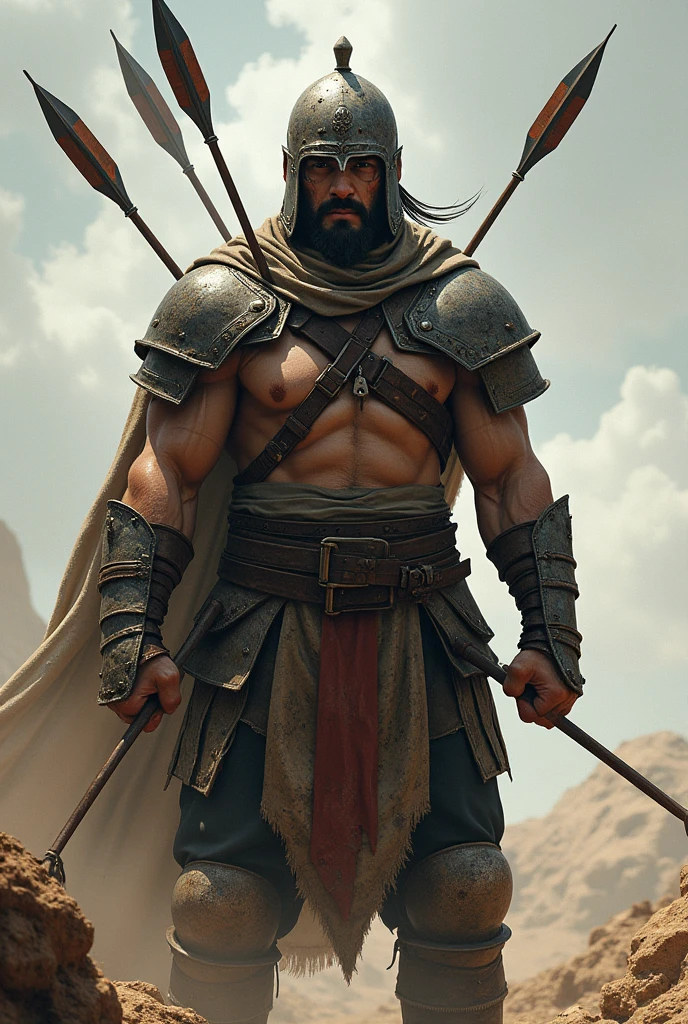 warrior wearing a helmet, with a helmet , who looks towards the horizon with arrows planted in his body
