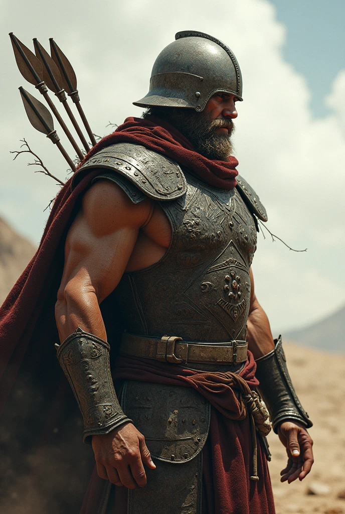 warrior wearing a helmet, with a helmet , who looks towards the horizon with arrows planted in his body
