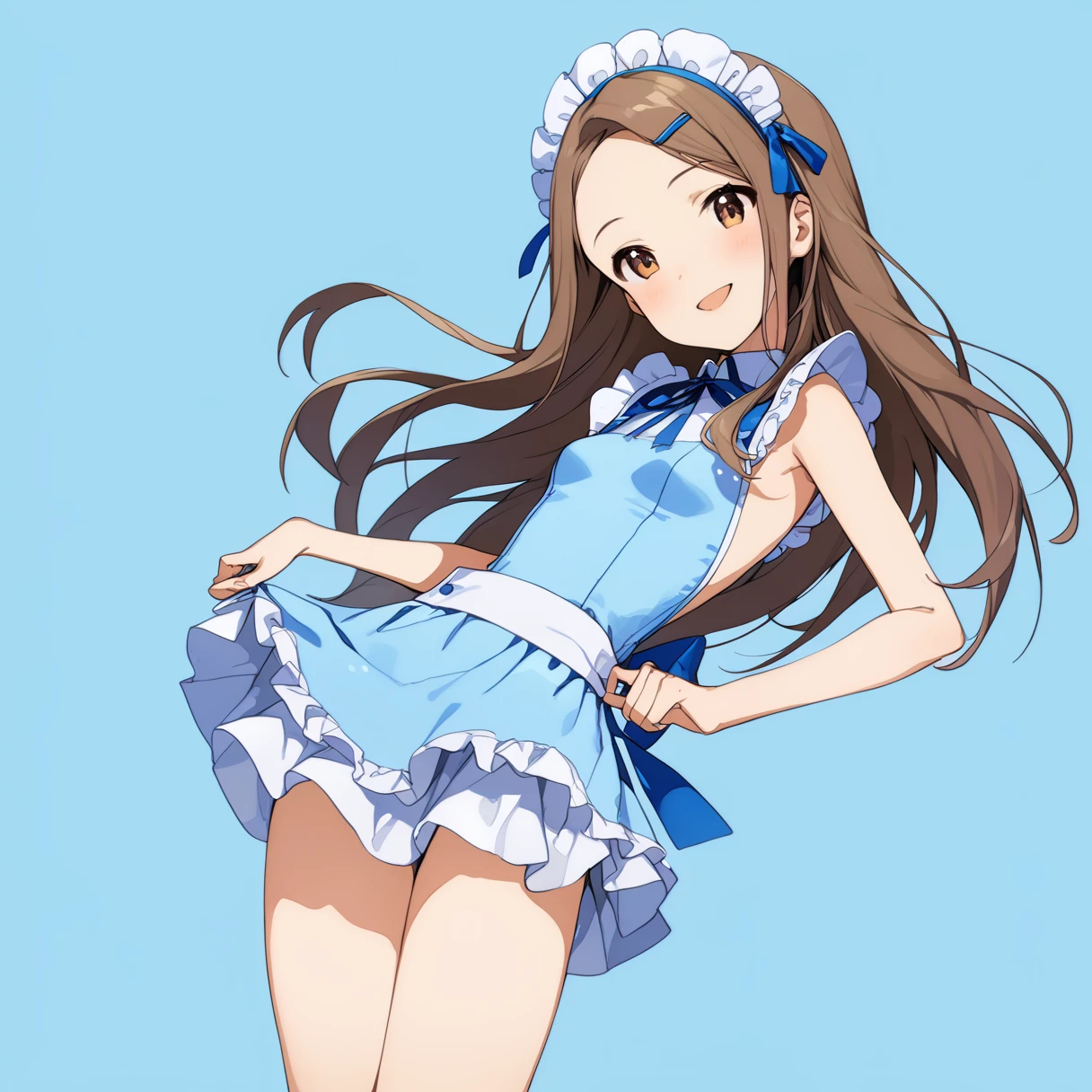 (masterpiece), (Highest quality), (High resolution), (Very detailed), (Best illustrations), Best Shadow, (so beautiful:0.5), (very cute),
(Minase Iori),
Dark brown hair, Long Hair, amount, Hair Clip, Brown eyes, hair band,
smile, Shyness, Pitiful,
Small breasts, Round Breasts, Iris, round face,
Perfect limbs, Perfect Anatomy, Thin legs, Five perfect fingers, Big eyes, Iris, (slender), Tight waist,
Delicate and smooth skin, Beautiful Skin, Textured skin, Attractive body,
smile, 恥ずかしそうなsmile,
Backless maid outfit, Short skirt, ribbon,
(Blue background:2.0), (Blue Studio),